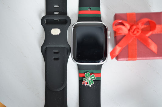 Designer Striped Apple Watch Band - Black Band with Red and Green Stripes