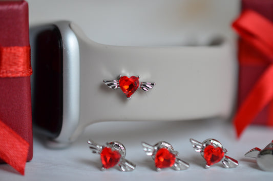 Red Heart Stone Angel Wing Charm for Watch Bands