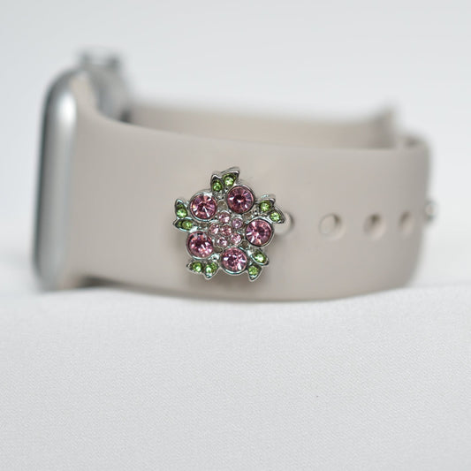 Pink Flower with Green Leaf Charm for Belts, Bags and Watch Bands