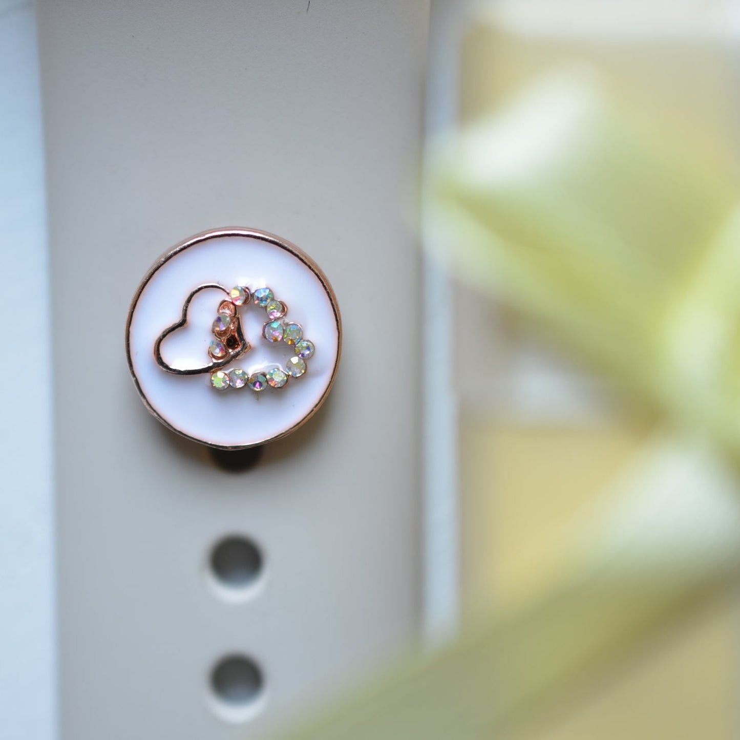 Gold Trim, White and Multitone Stone Double Heart Watch Band Charm