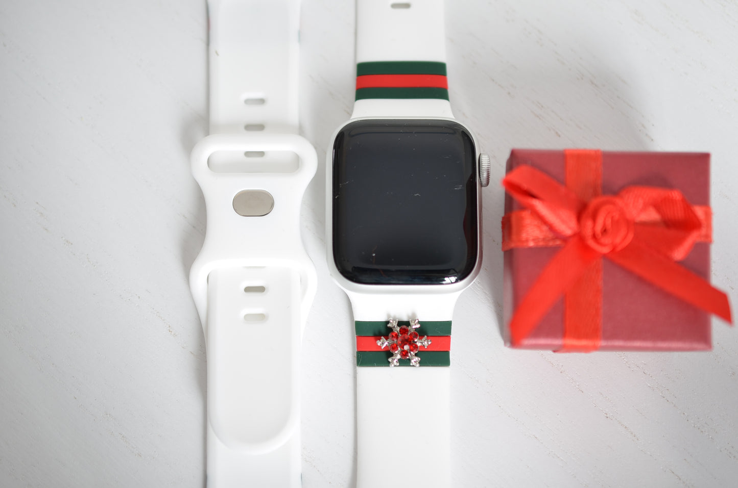 Designer Striped Apple Watch Band - White Band with Red and Green Stripes