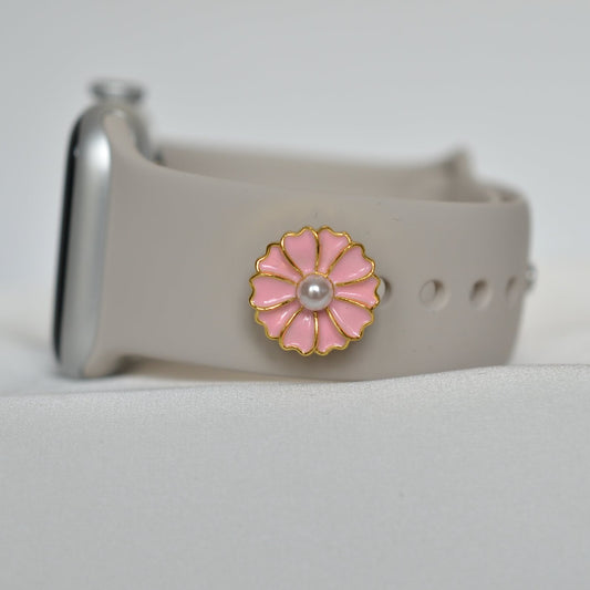 Pink Flower with Pearl Center Stone Charm for Belts, Bags and Watch Bands