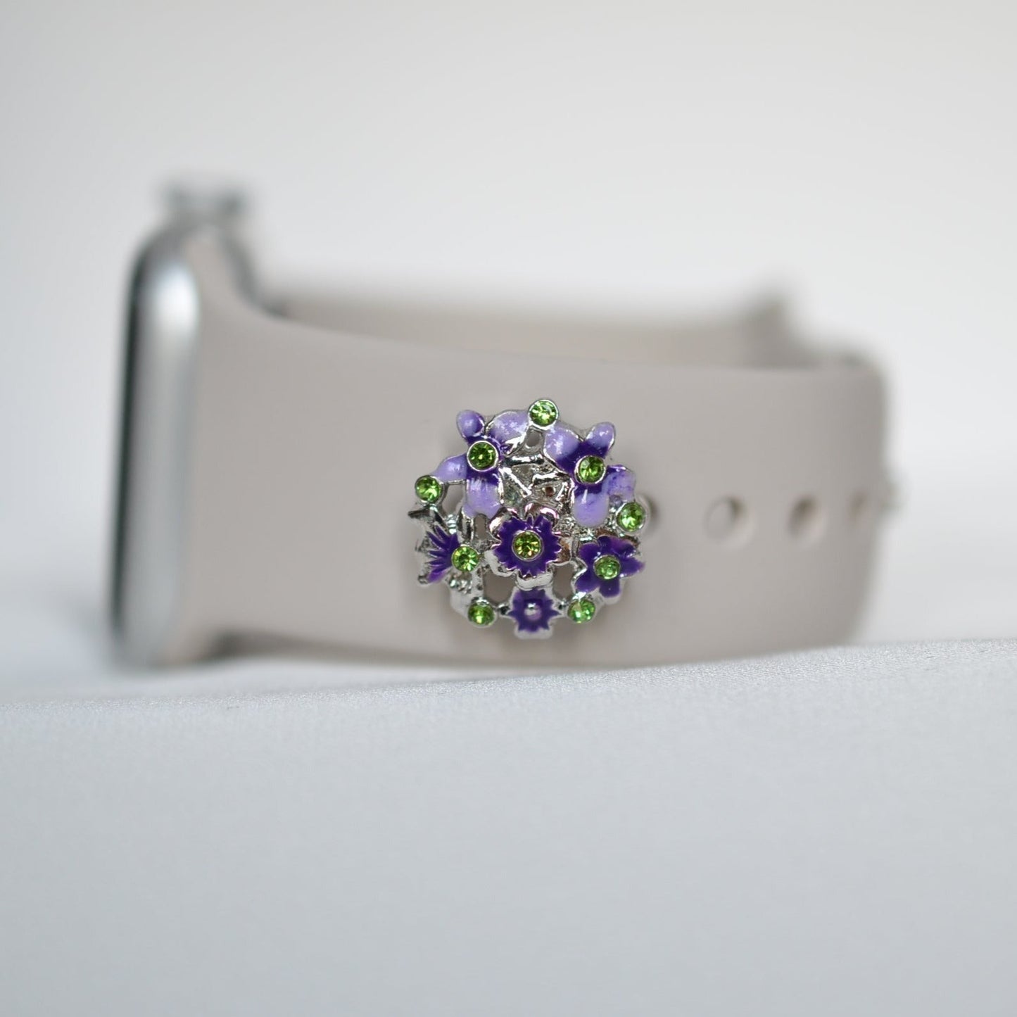 Purple Flower Charm with Green Leafs for belts, bags and watch band charms
