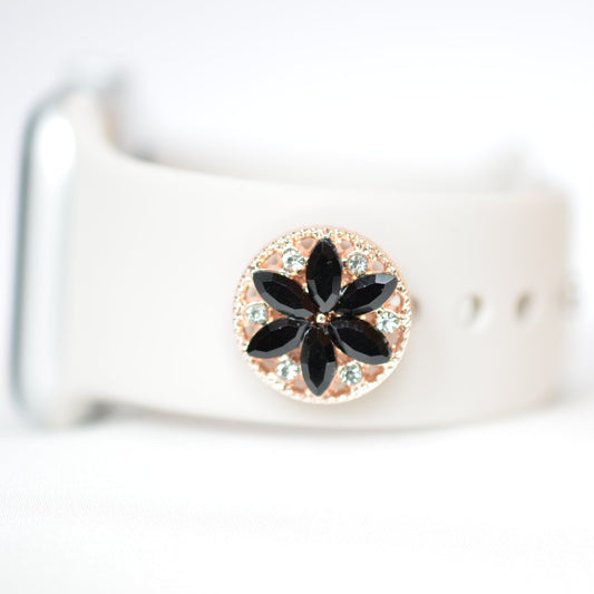 Black Flower with Gold Rhinestone Charm  for Watch Bands, Belts and Bags
